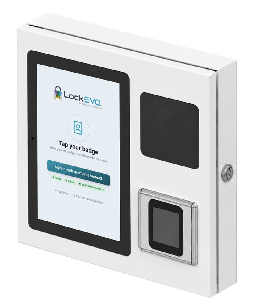 Lockevo CommandHub touchscreen showing the Tap your badge sign-in screen