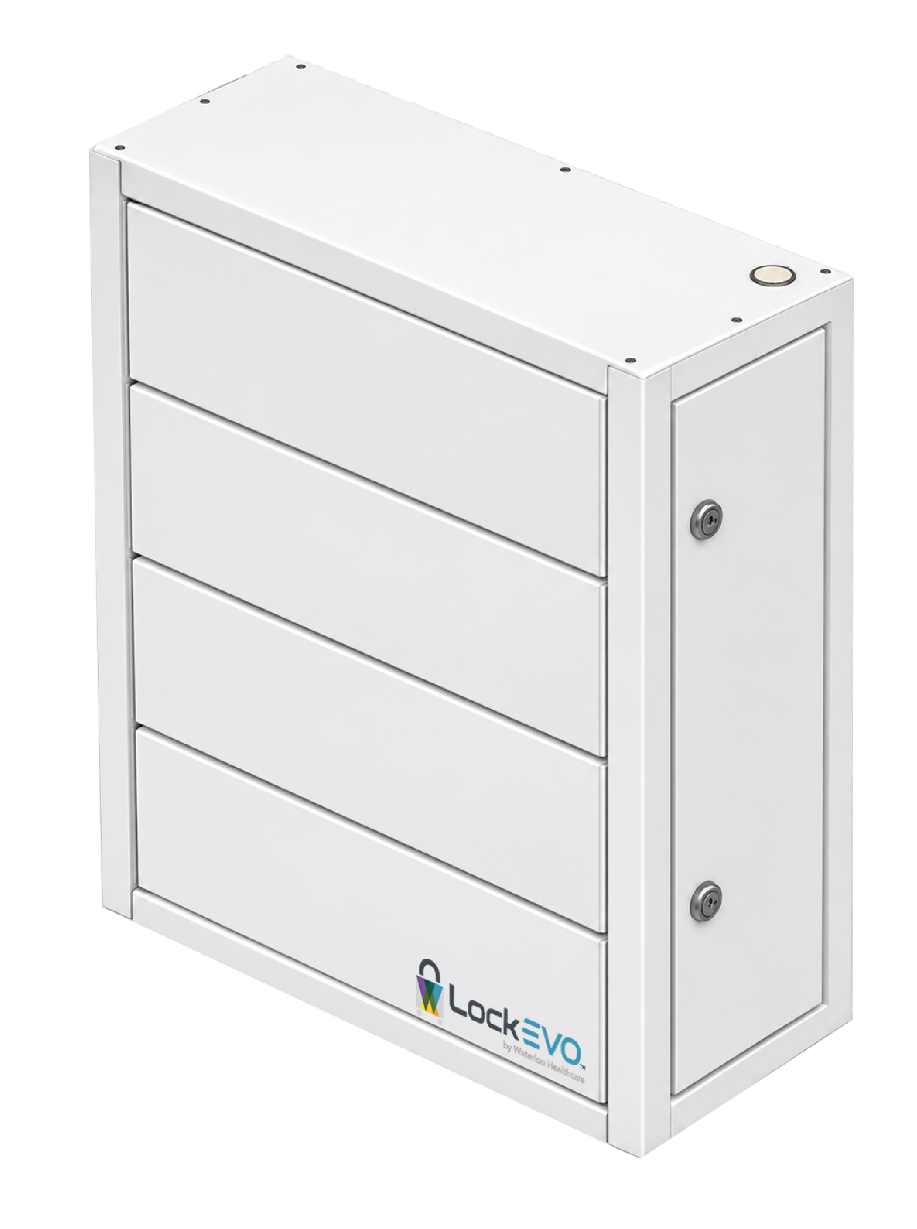 Lockevo individually-locking medication cabinet, angled view showing stacked locking doors and keyed side lock