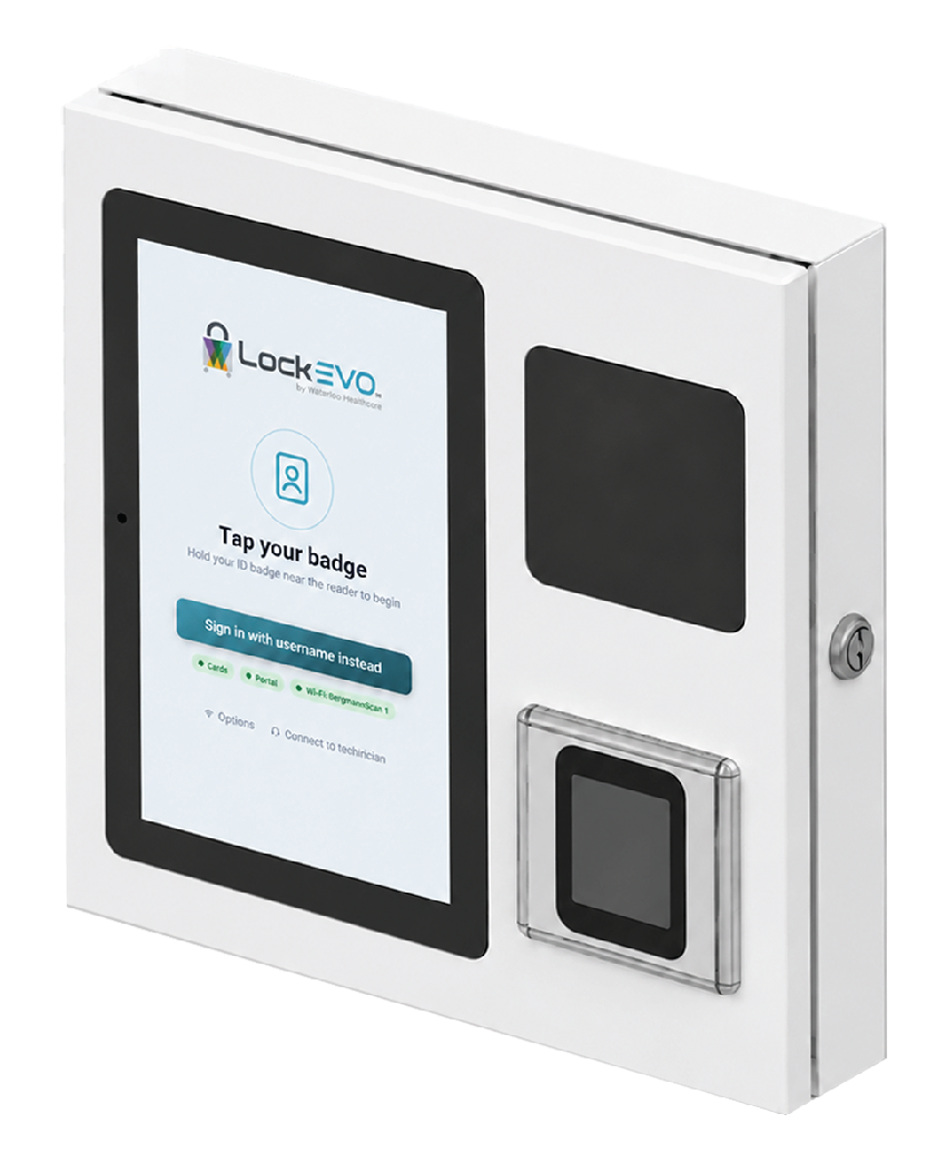 Lockevo CommandHub touchscreen mounted on the wall, showing the Tap your badge sign-in screen
