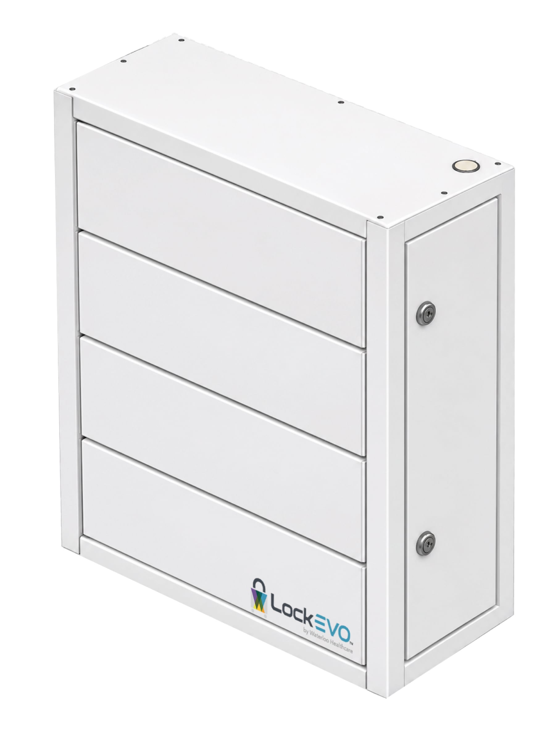 Lockevo individually-locking medication cabinet, angled view showing stacked locking doors and keyed side lock