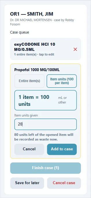 LockEVO phone screen documenting medication given during a case